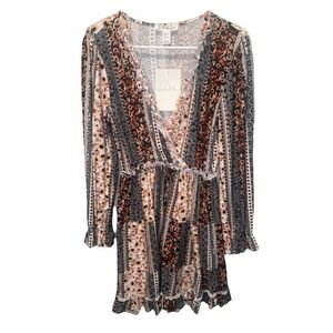 Birch & Stone Sunflower Paisley Patchwork Long‎ Sleeve Ruffle Mini Dress S NEW